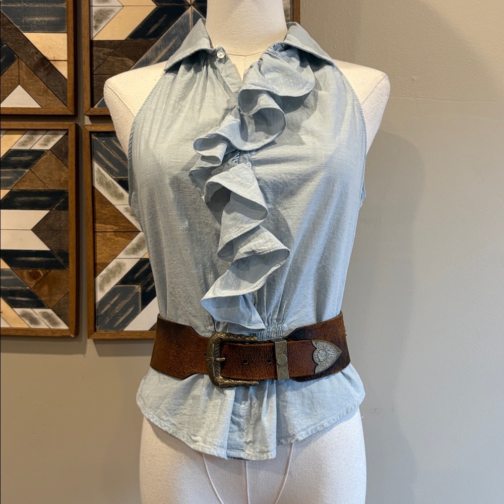 Ralph Lauren Blue Label Light Blue Sleeveless Ruffle Blouse size 6